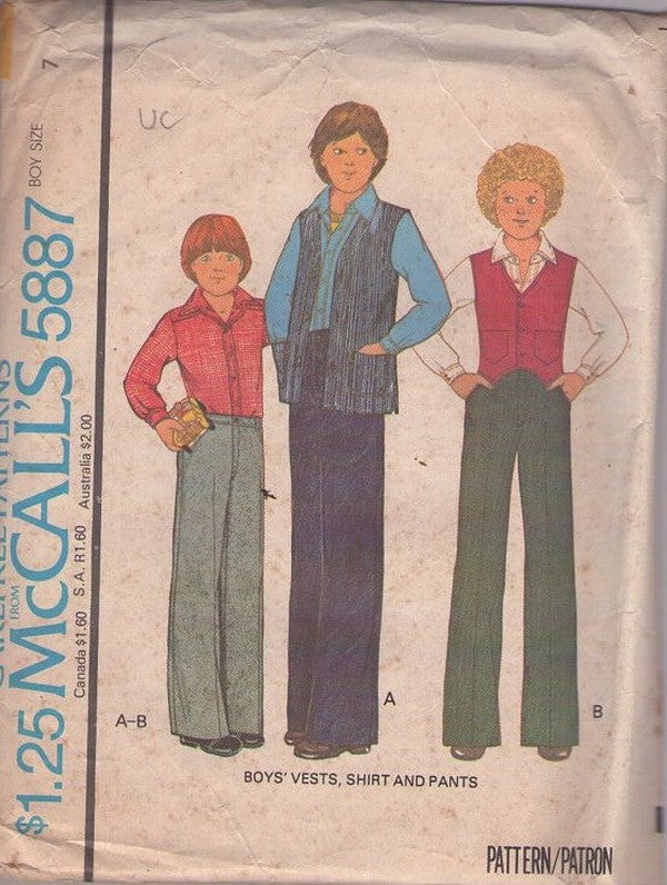 McCall's 5887 Vintage 70's Sewing Pattern Boys' Separates, Napolean Dynamite Brady Fly Front Jeans, Pants, Vest Jacket & Dress Shirt Size 7