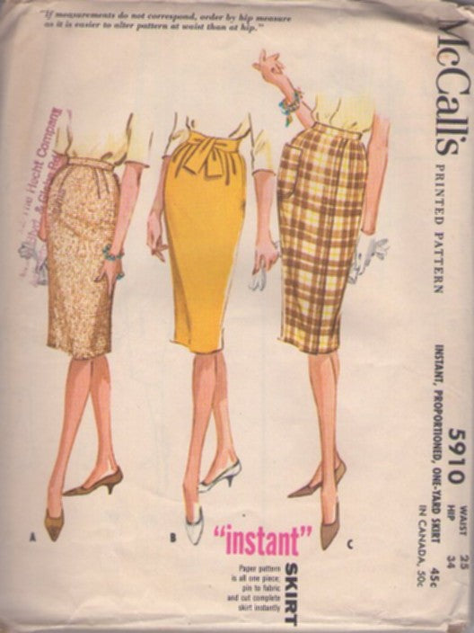 McCall's 5910 Vintage 60's Sewing Pattern Easy Skirts, Instant Secretary Slim Fit Pencil Skirt, 3 Styles Waist 25 Size M