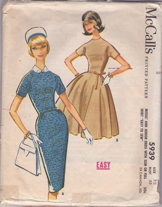 McCall's 5939 Vintage 60's Sewing Pattern Day Dresses, Jewel Neck, Mad Men Joan Sheath Wiggle Dress, Full Skirt Party Dress Size 12