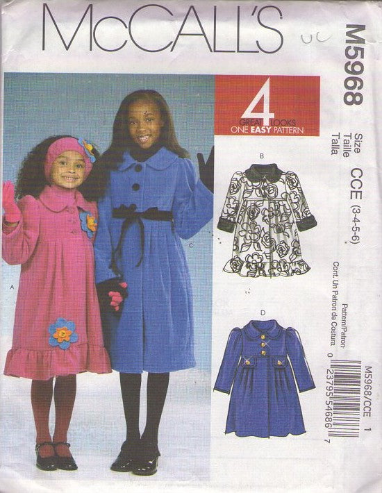 McCall's 5968 Retro 2009 Sewing Pattern Girls' Coats, Modest 4 Great Looks Easy High Waist Collared Jacket, Coat Set, Floral Appliques 2 Styles Size 3-6