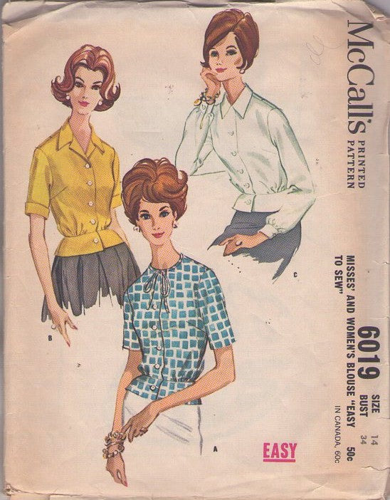 McCall's 6019 Vintage 60's Sewing Pattern Peplum Blouse, Office Secretary, 3 Easy Styles Size 14