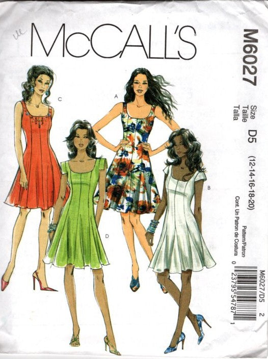 McCall's 6027 Retro 2010 Sewing Pattern Summer Dress Set, Sleeveless or Neat Cap Sleeves, Princess Seams, 4 Styles Size 12-20