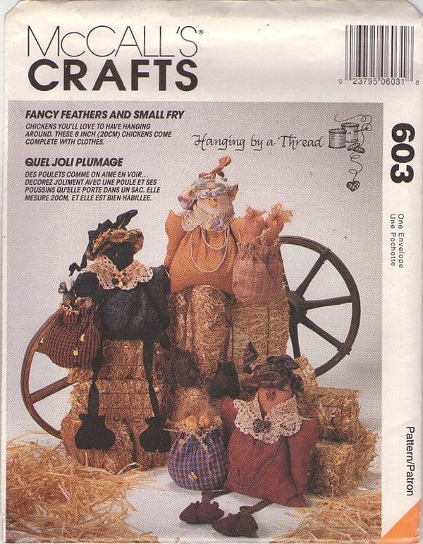 McCall's 603 Vintage 90's Sewing Pattern Country Crafts, Hanging By a Thread, Chicken Stuffed 8" Dolls