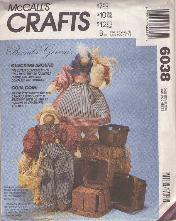 McCall's 6038 Vintage 90's Sewing Pattern Duck Crafts, Quacking Around 12" Country Duck Toy Dolls, Dress, Overalls, Shirt by Brenda Gervais