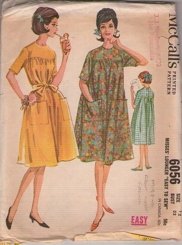 McCall's 6056 Vintage 60's Sewing Pattern Easy House Dress, Lounger, Nightgown, Day Dress Size 12