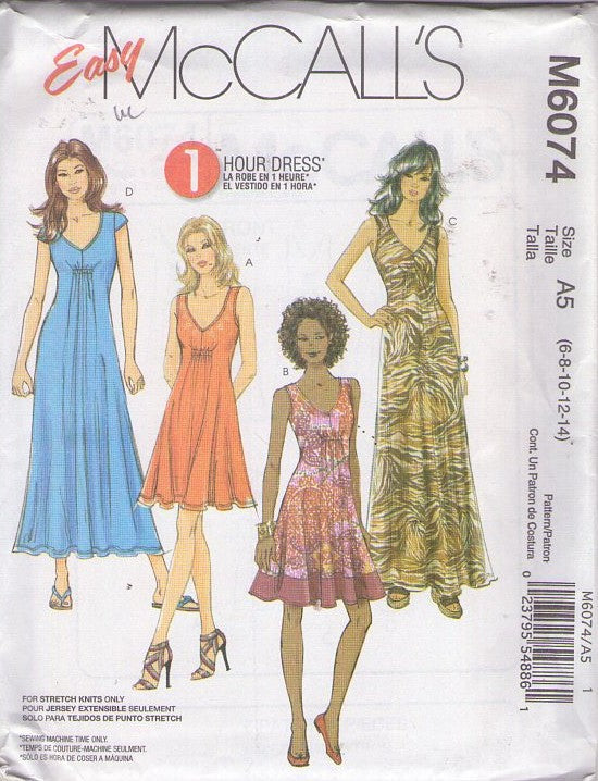 McCall's 6074 Retro 2010 Sewing Pattern Pullover Dress Set, Easy 1 Hour Dress, Deep V Neck, Ruched Gathered Front Flared Boho Summer Dress Set 4 Styles Size 6-14