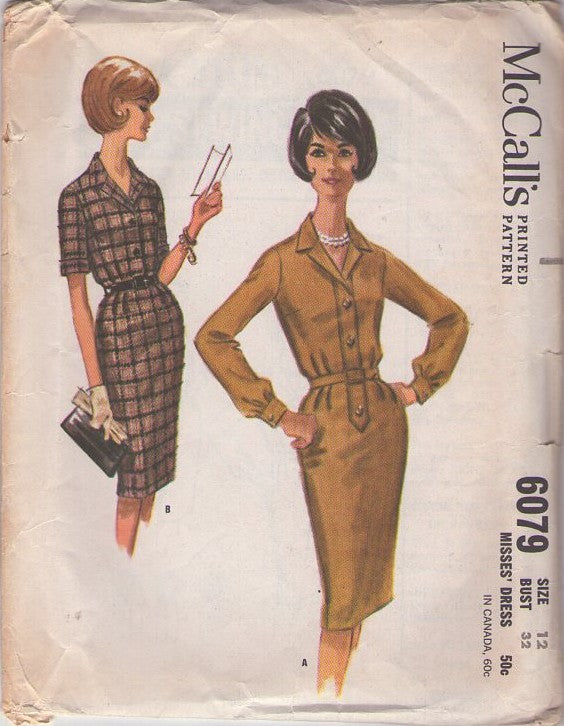McCall's 6079 Vintage 60's Sewing Pattern Day Dresses, Mad Men Joan, Curve Hugging Button Band Step In Shirtdress, Shirtwaister Day Dress Size 12