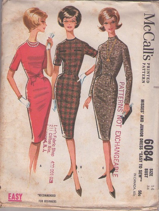 McCall's 6084 Vintage 60's Sewing Pattern Rockabilly Dresses, Sheath Dress, Cinch Wait Wrap Ties Detail, 3 Styles EASY Size 14