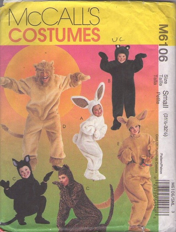 McCall's 6106 Retro 2000 Sewing Pattern Animal Costumes, Faux Fur Halloween Jumpsuits, Hood, Cat, Bear, Bunny, Kangaroo Adult Size S