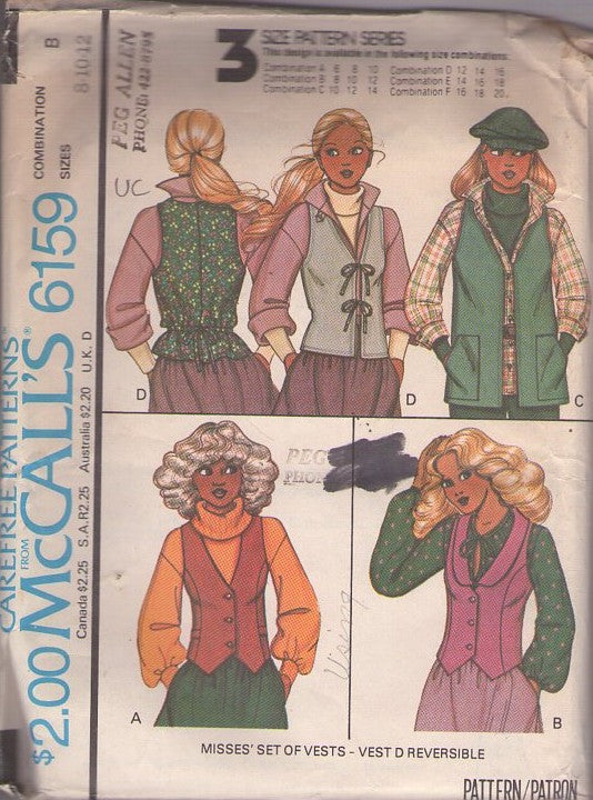 McCall's 6159 Vintage 70's Sewing Pattern Boho Vests, Sleeveless Jacket, 1 Reversible 4 Styles Size 8-12