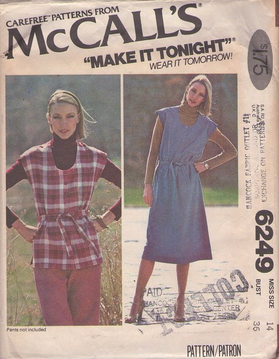 McCall's 6249 Vintage 70's Sewing Pattern Jumper & Top, Make it Tonight Set, Boho Blouse, Jumper, Dress Size 12