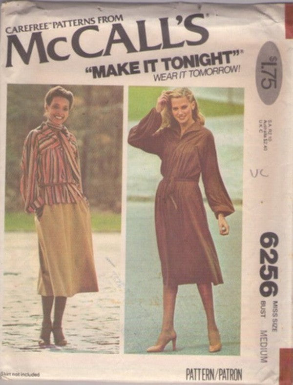 McCall's 6256 Vintage 70's Sewing Pattern Secretary Separates, Make It Tonight, Wing Collar Blouse, Skirt with Pockets, Dress & Scarf Size M