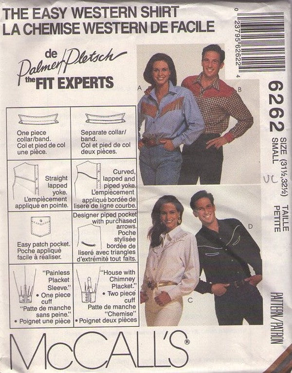 McCall's 6262 Vintage 90's Sewing Pattern Western Shirts, 50s Style Rockabilly, Fringe, Smiley Pocket, Yoked Shirt, Blouse Set 4 Styles Size S