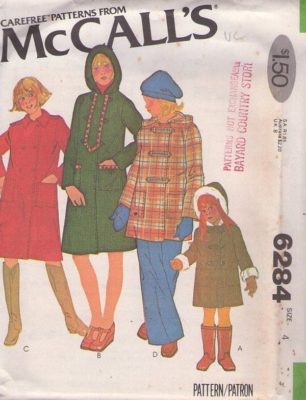 McCall's 6284 Vintage 70's Sewing Pattern Girls' Retro Coats, Double Breasted Car Coat, Toggle Front Jacket, Optional Faux Fur Lined Hood 4 Styles Size 4