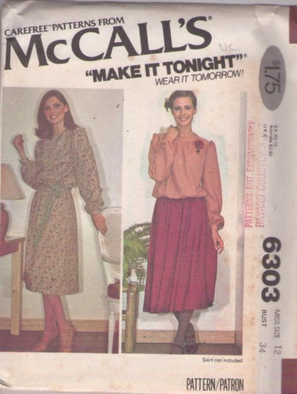 McCall's 6303 Vintage 70's Sewing Pattern Secretary Dress, Shirt, Make It Tonight, Easy Blouson Blouse, Flared Tent Dress Size 12