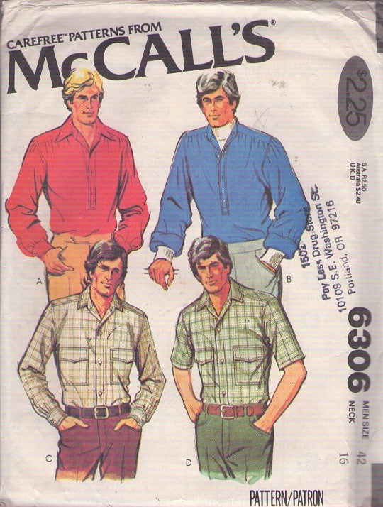 McCall's 6306 Vintage 70's Sewing Pattern Men's Shirts, 4 Styles from Pullover Poet to Flap Pocket Western Looks Size 42