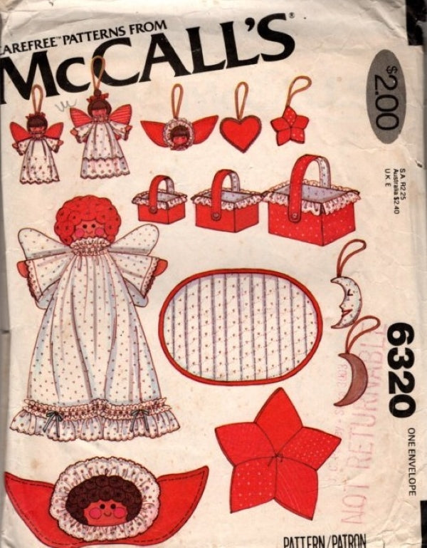 McCall's 6320 Vintage 70's Sewing Pattern Christmas Holiday Crafts, Angel Doll, Star, Heart, Moon Ornaments, Baskets OZ