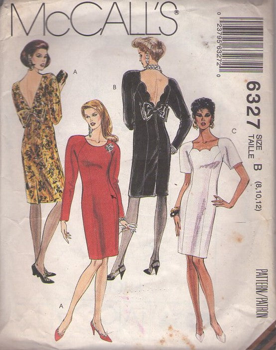 McCall's 6327 Retro 90's Sewing Pattern Party Dress Set, Back Fitted Formal Cocktail Party Dress, Deep V Back, Raglan Sleeves, Sheath Size 8-10