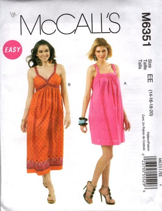 McCall's 6351 Retro 2011 Sewing Pattern Easy Summer Sun Dress, House Dress, Boho, Cruist Size 14-20