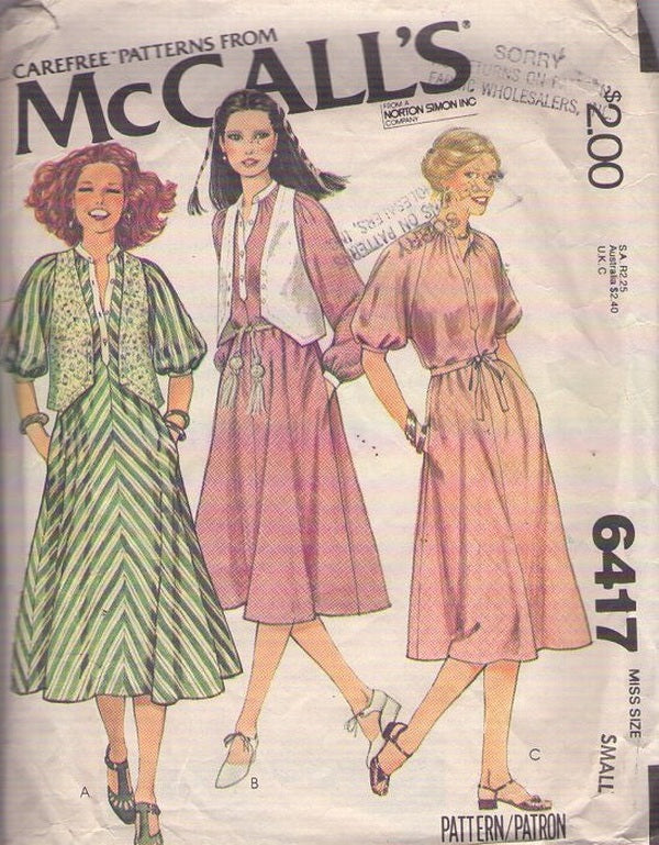McCall's 6417 Vintage 70's Sewing Pattern Tent Dress, Vest Jacket Set, Secretary Raglan Sleeve, Flared Button Band Dress & Vests Size S