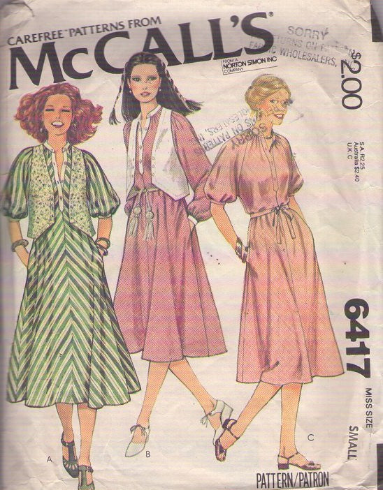 McCall's 6417 Vintage 70's Sewing Pattern Tent Dress, Vest Jacket Set, Secretary Raglan Sleeve, Flared Button Band Dress & Vests Size S