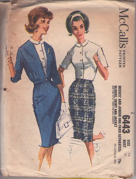 McCall's 6443 Vintage 60's Sewing Pattern Rockabilly Separates, Marvelous Mrs. Maisel Mad Men Secretary Smart Blouse, Button Bottom Jacket, Slim Wiggle Sheath Skirt Size 16