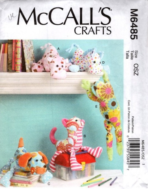 McCall's 6485 Retro 2011 Sewing Pattern Stuffed Toy Animal Dolls, Snuggle Buddies, Frog, Horse, Hippo, Cat, Dog OZ