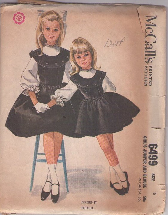 McCall's 6499 Vintage 60's Sewing Pattern Girls' Blouse, Jumper, Designer Helen Lee Platter Collar, Flared Modest Skirt Jumper, Dress, Blouse Set Size 6