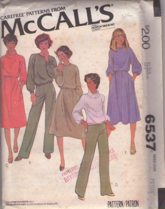 McCall's 6537 Vintage 70's Sewing Pattern Stretch Knit Separates, Lounge Pantsuit, Pull On Pants, Kimono Sleeve Blouson Blouse, Top, Flared Skirt Dress Size P