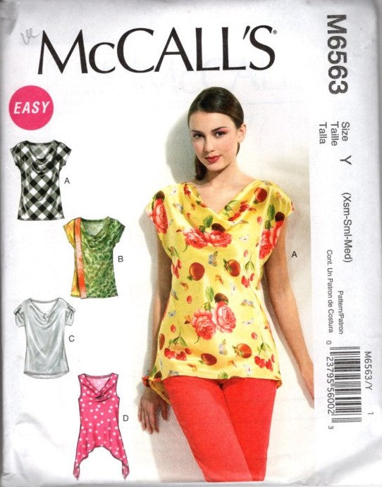 McCall's 6563 Retro 2012 Sewing Pattern Easy Cowl Neck Tops, Summer Shirt Set, 4 Styles Size XS-M