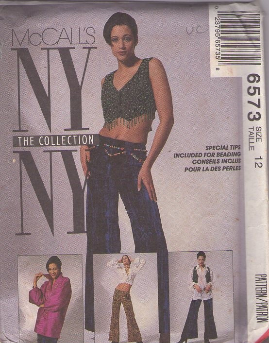 McCall's 6573 Retro 90's Sewing Pattern NY The Collection Separates, Bling Crop Top Vest, Shirt, Hippie Bell Bottoms, Shirt Size 12
