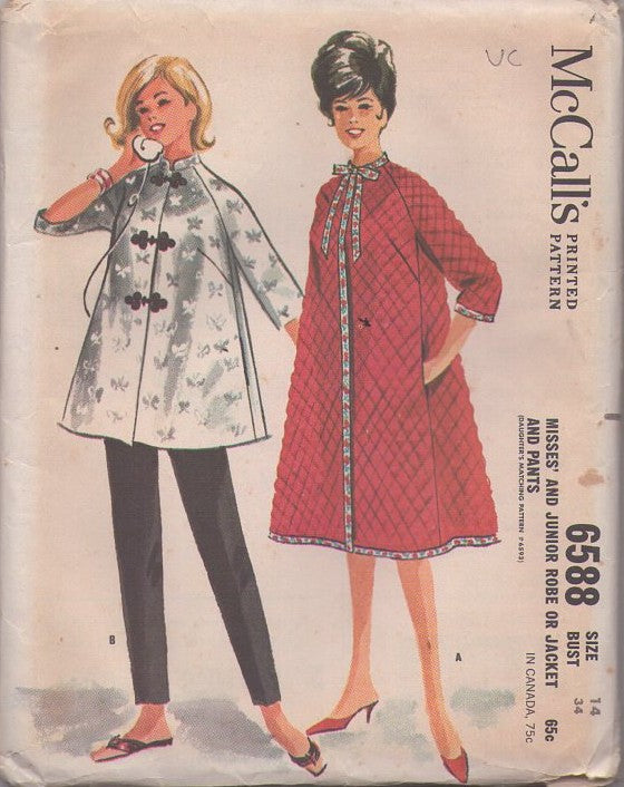 McCall's 6588 Vintage 60's Sewing Pattern Mod Lounge Separates, Asian Inspired, Flared Tent Tunic Top Jacket with Frog Closures, Quilted Robe, Pockets, Cigarette Pants, Hostess Pantsuit Size 14