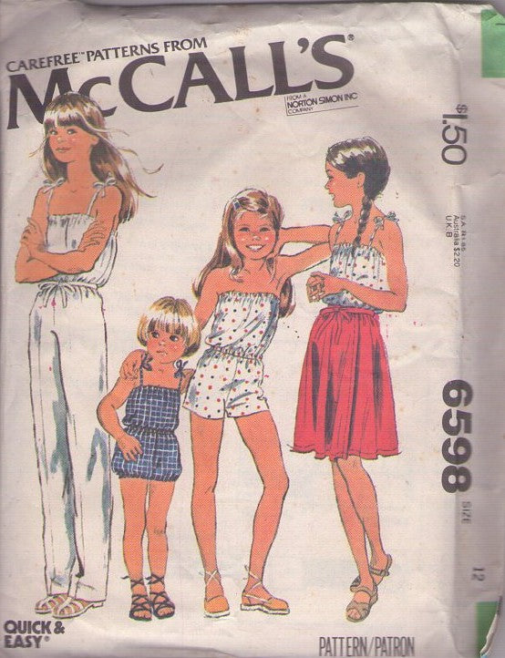 McCall's 6598 Vintage 70's Sewing Pattern Girls' Romper, Sunsuit, Jumpsuit, Wrap Around Skirt Set, Size 12