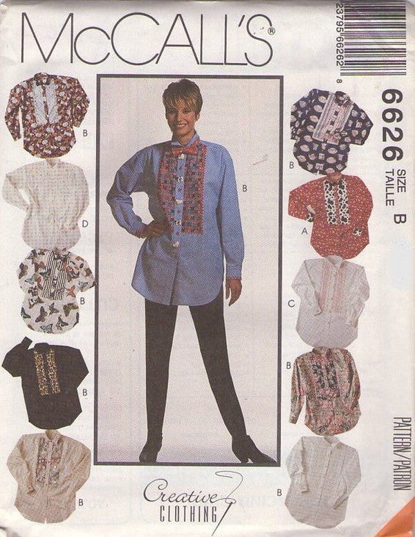 McCall's 6626 Retro 90's Sewing Pattern Art Shirts, Tuxedo Style Oversized Shirt, Crazy Whimsical Trims & Inset Size 8-12