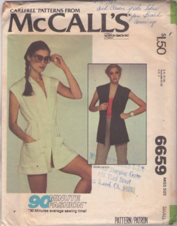 McCall's 6659 Vintage 70's Sewing Pattern Beach Jacket, Easy 90 Minute Fashion Disco Wing Collar Beach Wrap Cover Up, Sleeveless Jacket, Tie Belt Size S
