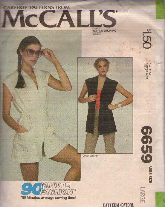 McCall's 6659 Vintage 70's Sewing Pattern Beach Jacket, Easy 90 Minute Fashion Disco Wing Collar Beach Wrap Cover Up, Sleeveless Jacket, Tie Belt Size L