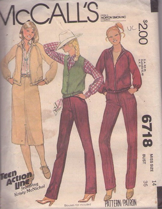 McCall's 6718 Vintage 70's Sewing Pattern Teen Action Line Separates, Kristy McNichol, Windbreaker Jacket, Vest Top, Fly Front Pants, Skirt Size 14