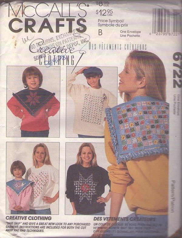 McCall's 6722 Vintage 90's Sewing Pattern Creative Clothing, Shirt Crafts, Snip Snip Technique Collars and More