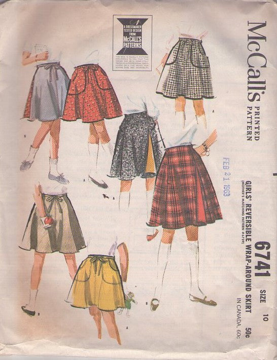 McCall's 6741 Vintage 60's Sewing Pattern Girls' Skirts, Reversible Wrap Around Skirt, Pockets, 2 Styles Size 10