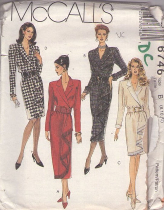 McCall's 6746 Vintage 90's Sewing Pattern Sarong Dresses, Secretary Power Dress Wrap Around Sarong Dress, Collar, 4 Styles Size 8-12