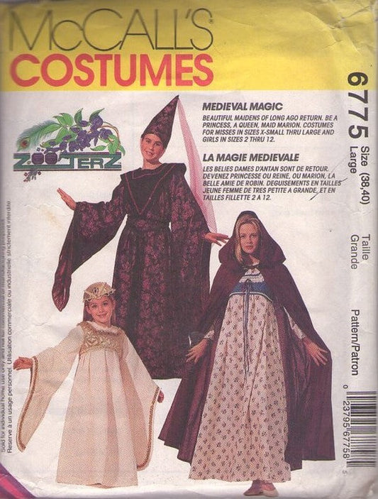 McCall's 8937 6775 Vintage 90's Sewing Pattern Historical Costumes, Zooterz Designs Renaissance Princess, Red Riding Hood Medieval Dress & Gowns, Drooped Hood Cloak, Cape, Hennin Hat Size Adult M