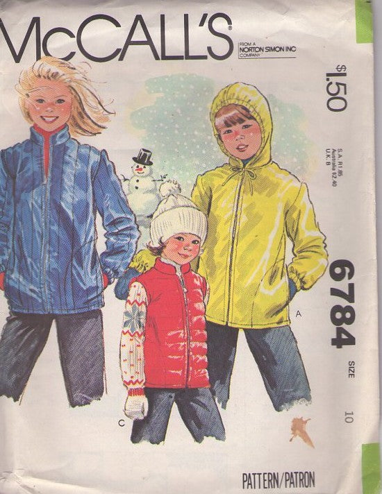 McCall's 6784 Vintage 70's Sewing Pattern Kids' Jackets, Winter Zip Up Jacket, Hooded Coat, Ski Vest Size 10