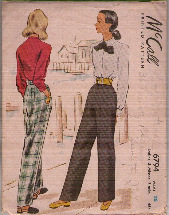 McCall's 6794 Vintage 40's Sewing Pattern Kate Hepburn Pants, High Waist Trousers, Slacks Size 28