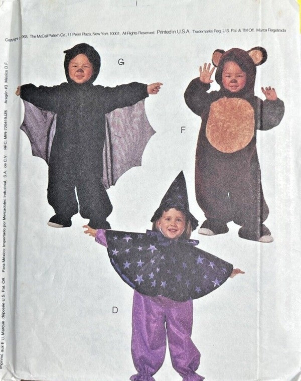 McCall's 6804 Vintage 90's Sewing Pattern Easy to Sew Child's Cow, Barney Dinosaur, Flower, Bat, Bear, Witch Halloween Costumes Size 1-3
