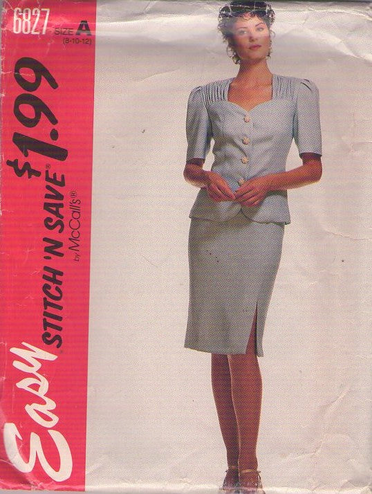 McCall's 6827 Vintage 90's Sewing Pattern Suit Dress, Stitch N' Save Power Suit, Ruched Shoulders Jacket Top, Slit Slim Skirt Size 8