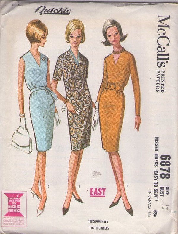 McCall's 6878 Vintage 60's Sewing Pattern Mod Dress Set, Mad Men, Easy Quickie Slim Fit V Neck Sheath Dress 3 Styles Size 14