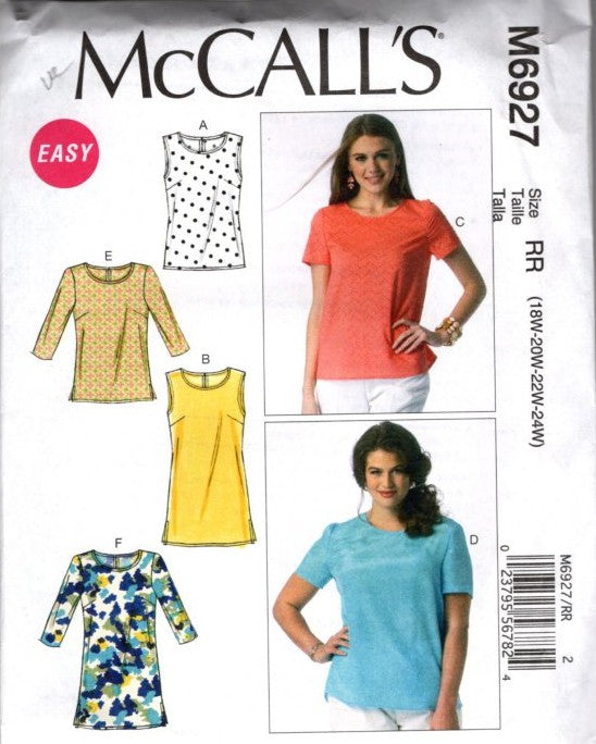 McCall's 6927 Retro 2014 Sewing Patten Easy to Sew Full Figure Tops, Pullover Shirt Set Size 18W-24W