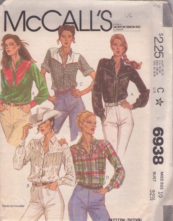 McCall's 6938 Vintage 80's Sewing Pattern Western Shirt Set, Cowboy, Fringe & Yoke Options, 5 Styles Size 10