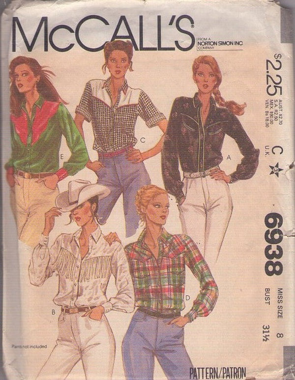 McCall's 6938 Vintage 80's Sewing Pattern Western Shirt Set, Cowboy, Fringe & Yoke Options, 5 Styles Size 8