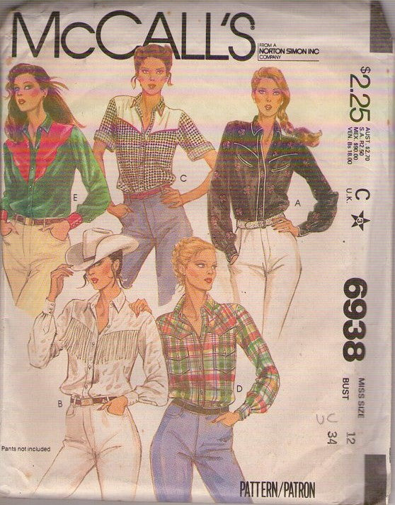 McCall's 6938 Vintage 80's Sewing Pattern Western Shirt Set, Cowboy, Fringe & Yoke Options, 5 Styles Size 12